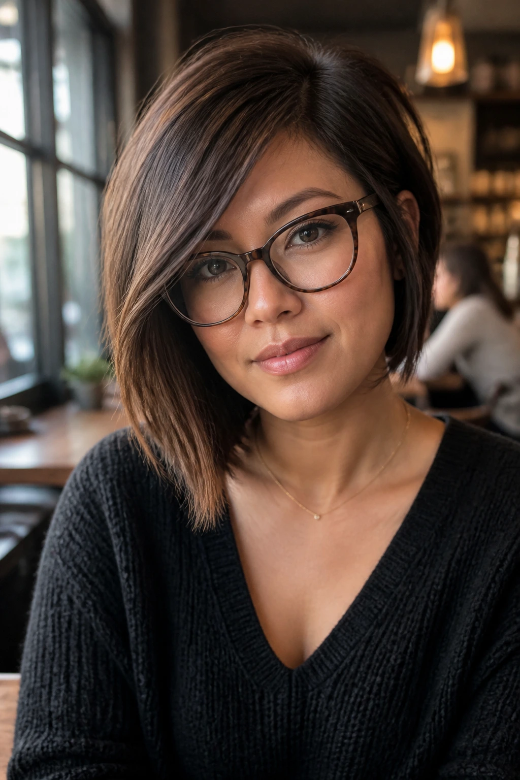 Real woman with an asymmetrical bob and diagonal line with side-swept bangs in cafe light