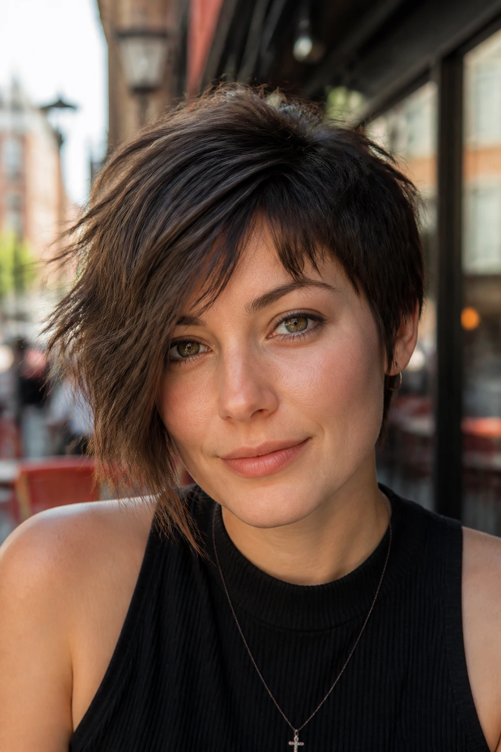 Close-up portrait of a real woman with an asymmetrical shag crop and off-center part.