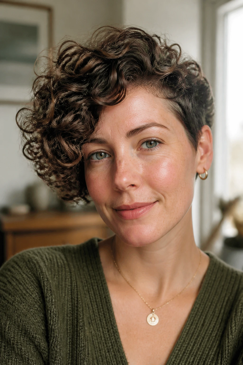 Portrait showing asymmetrical curls to add density