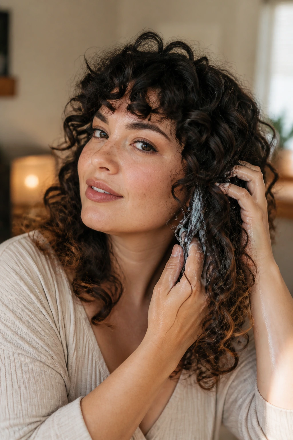 Person styling textured curls at home.