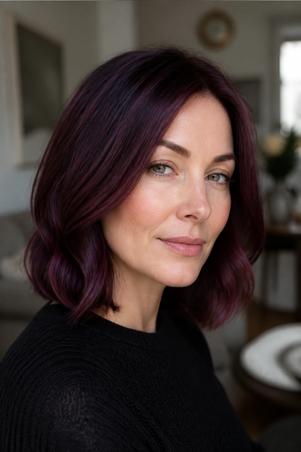 Close-up portrait of a real woman with cool aubergine lob and subtle plum tones