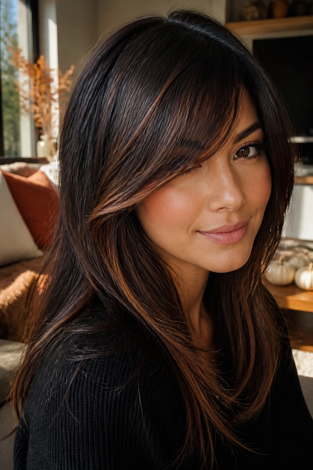Close-up of a real woman showing auburn panels near the face with a side-swept bang.