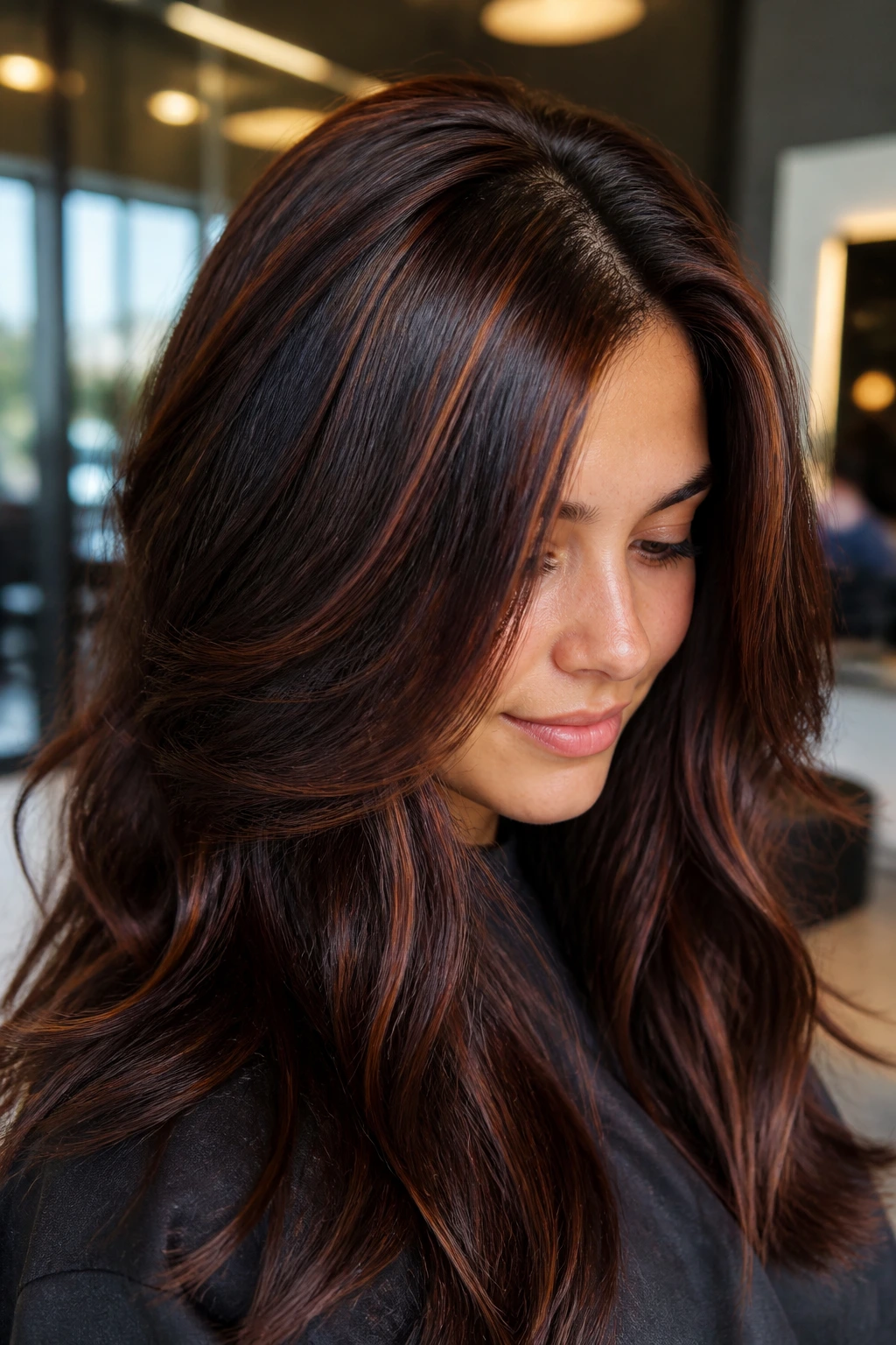 Close-up portrait of a real woman with thick hair showing dense auburn babylights on the top half along the part line.
