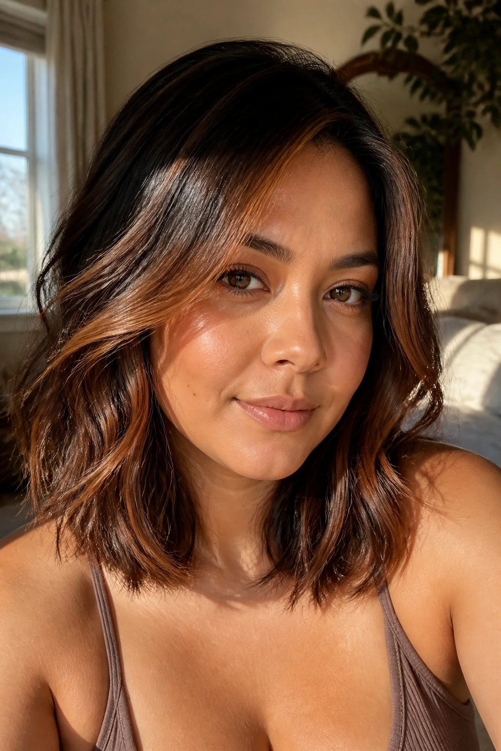 Close-up portrait of a real woman with Auburn-Brown Balayage for Warm Tan Skin, soft waves.