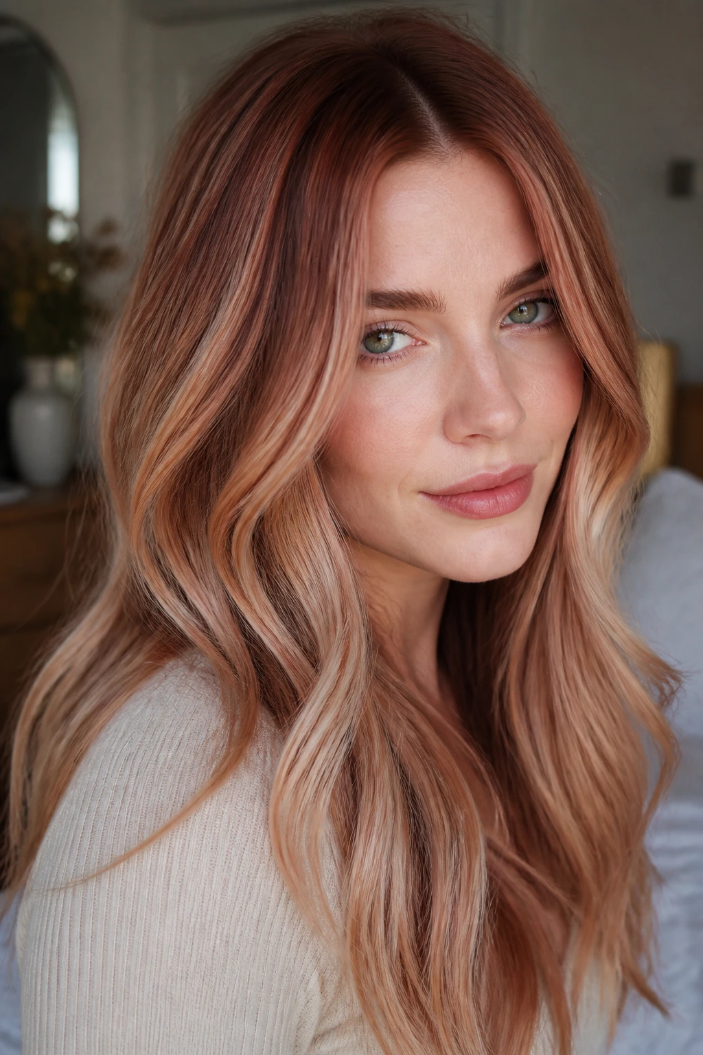 Close-up portrait of a woman with auburn-blonde hair and cool skin in a softly lit bedroom