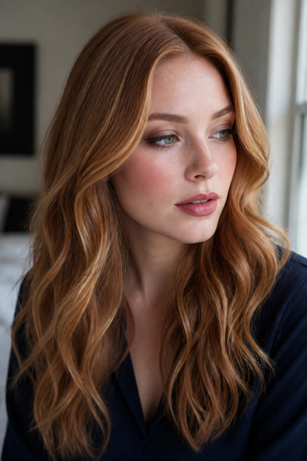 Close-up of auburn-blonde hair with cool-toned makeup and navy clothing on a real woman