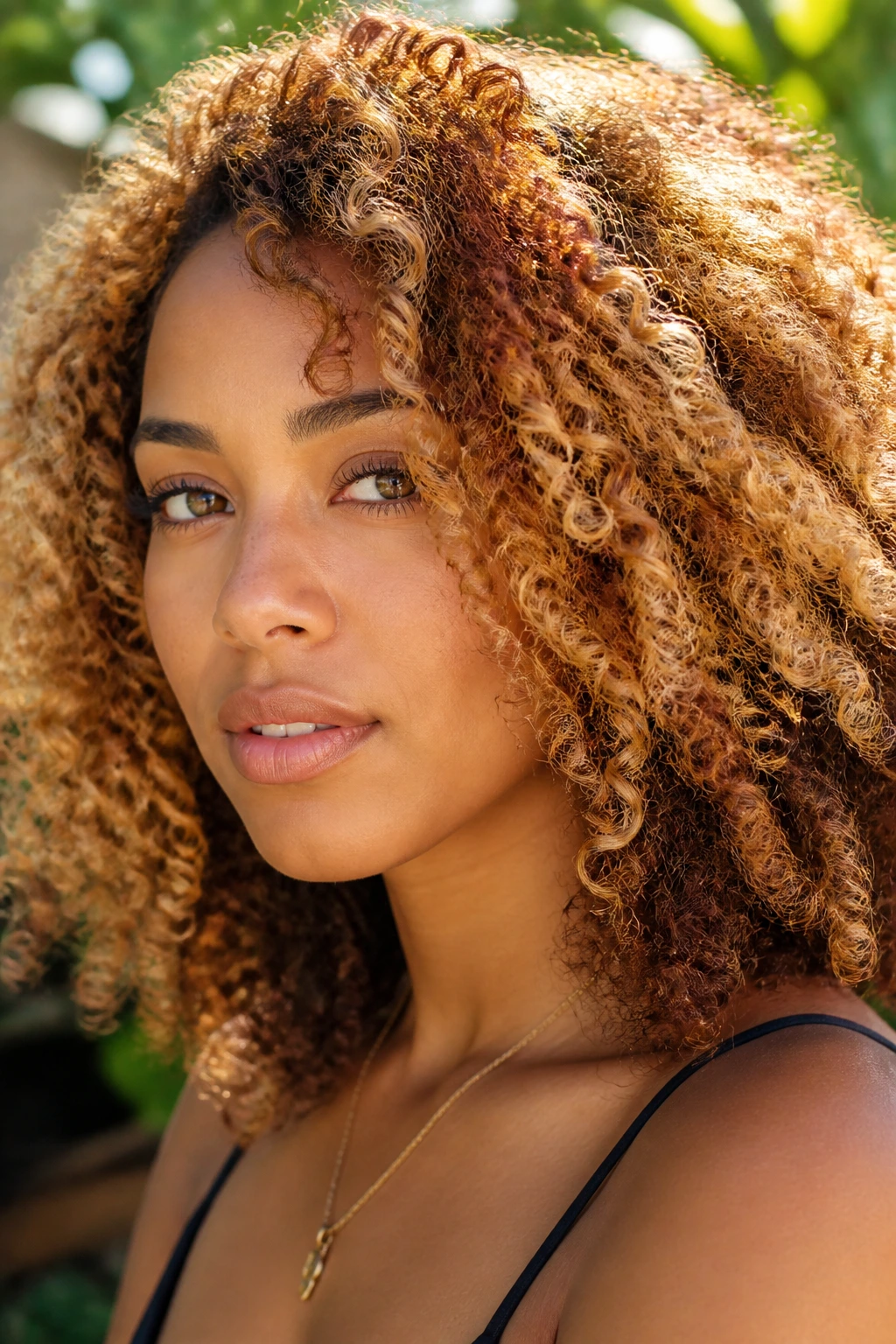 Close-up of a woman with sunlit auburn-blonde dimension in curly hair.