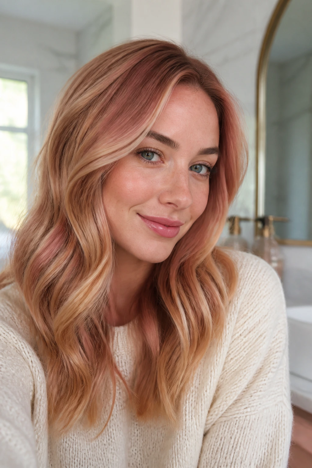Real woman with soft, rose-gloss auburn-blonde hair in a bright bathroom