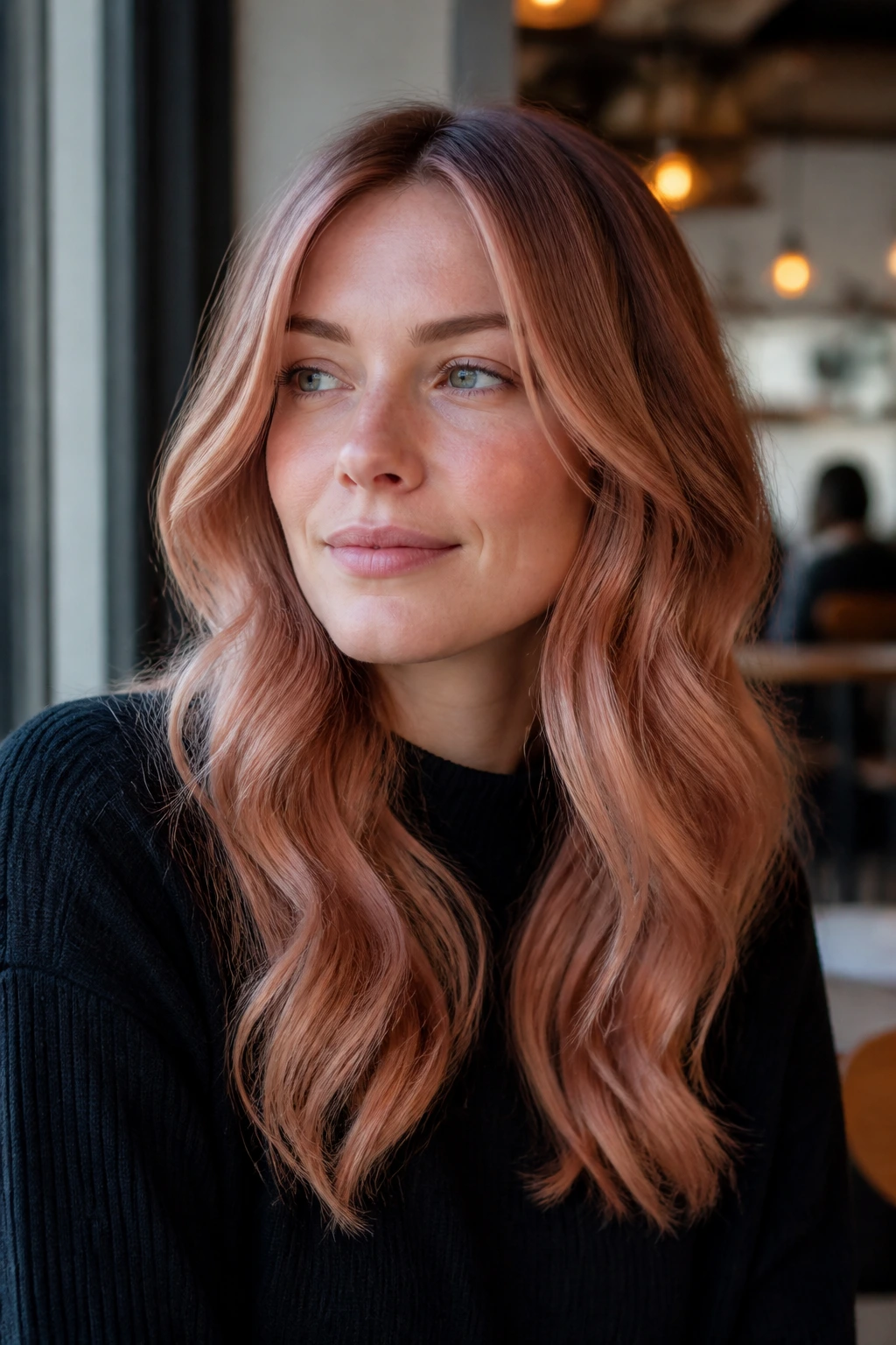 Close-up portrait of a woman with rose-beige and smoky copper auburn-blonde hair