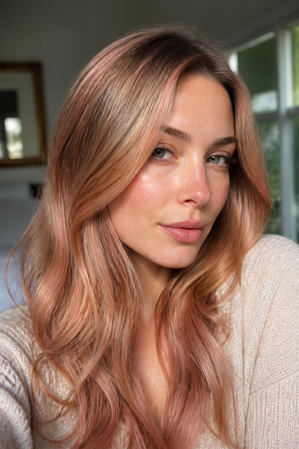 Close-up portrait of a real woman with auburn blonde hair showing beige, rose, and copper tones for cool skin.
