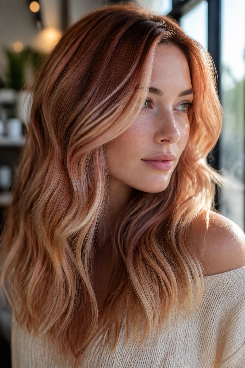Real woman with multi-toned auburn-blonde hair showing variations