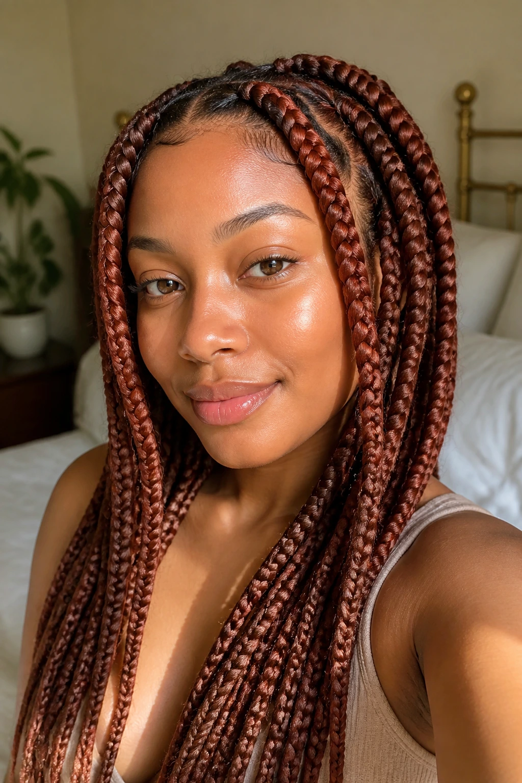 Close-up portrait of auburn box braids framing the face with warm glow