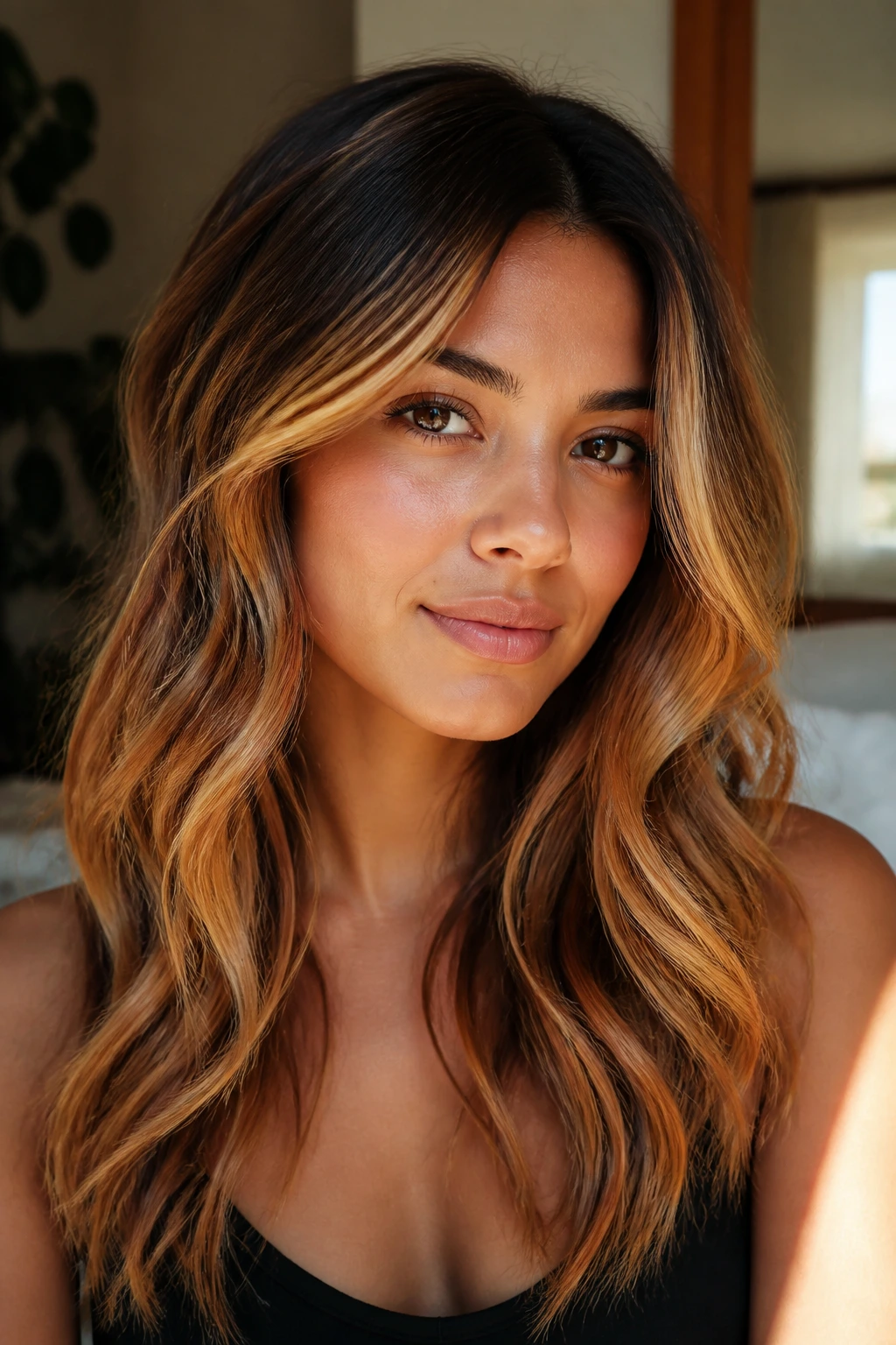 Close-up portrait of auburn bronde hair with dark roots and warm lights on olive skin