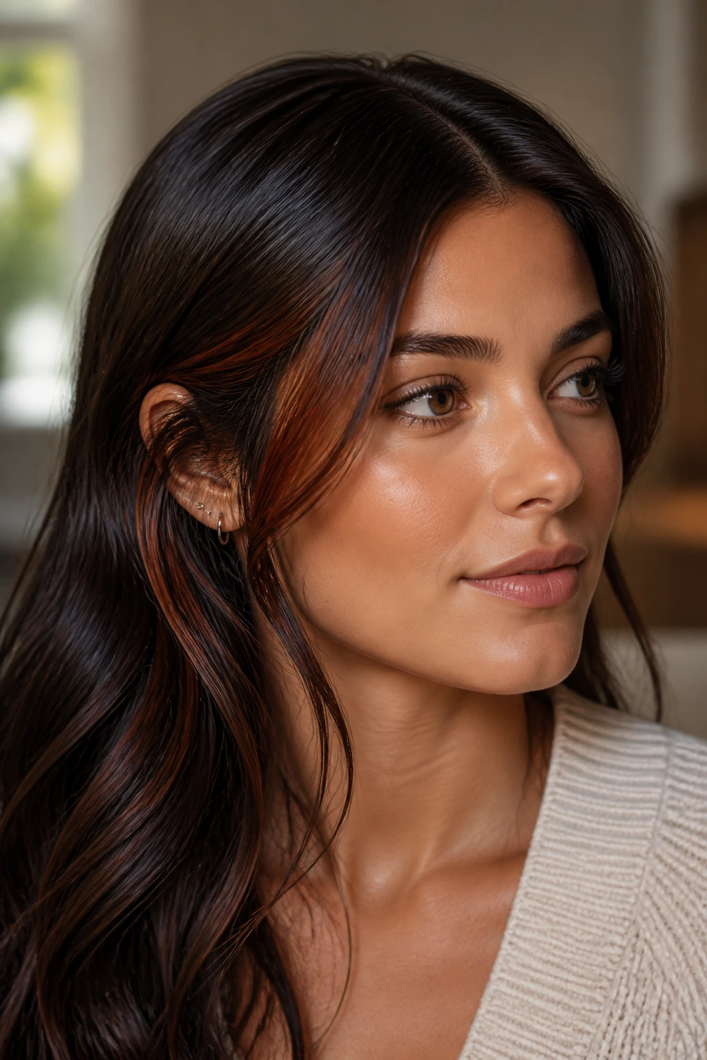 Brunette hair with deep auburn-brown accent pieces near temples