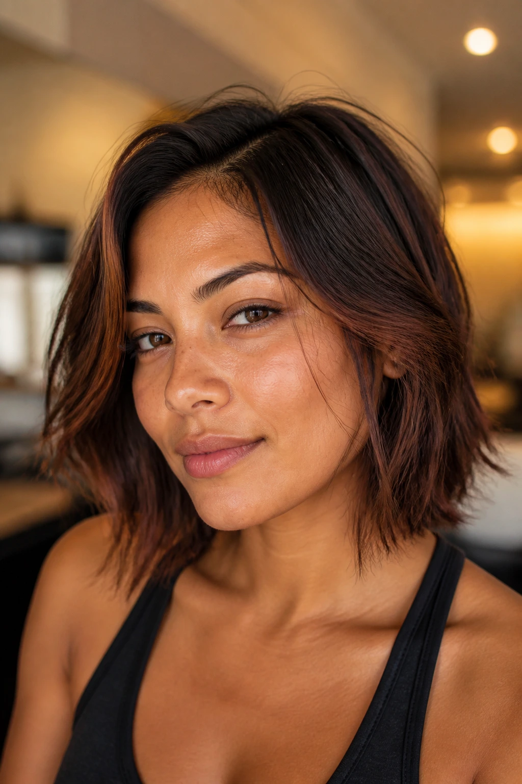Real person with auburn-brown accents for warm medium skin