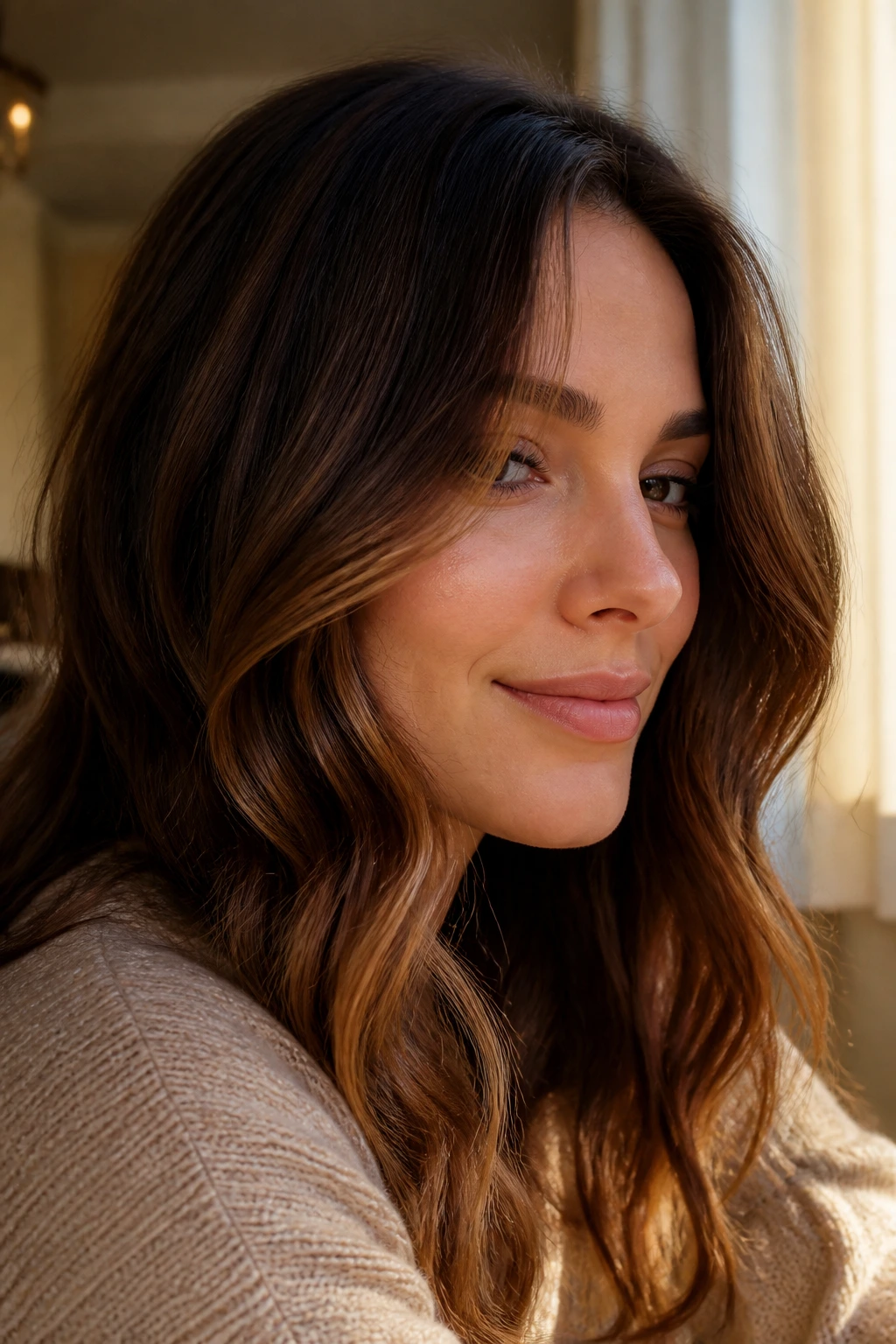 Portrait of a real person with auburn-brown face-framing balayage in warm light.