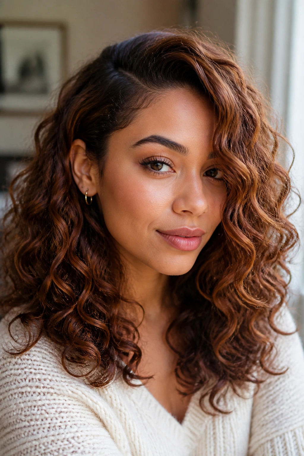 Portrait of a real woman with auburn-brown side-part curls