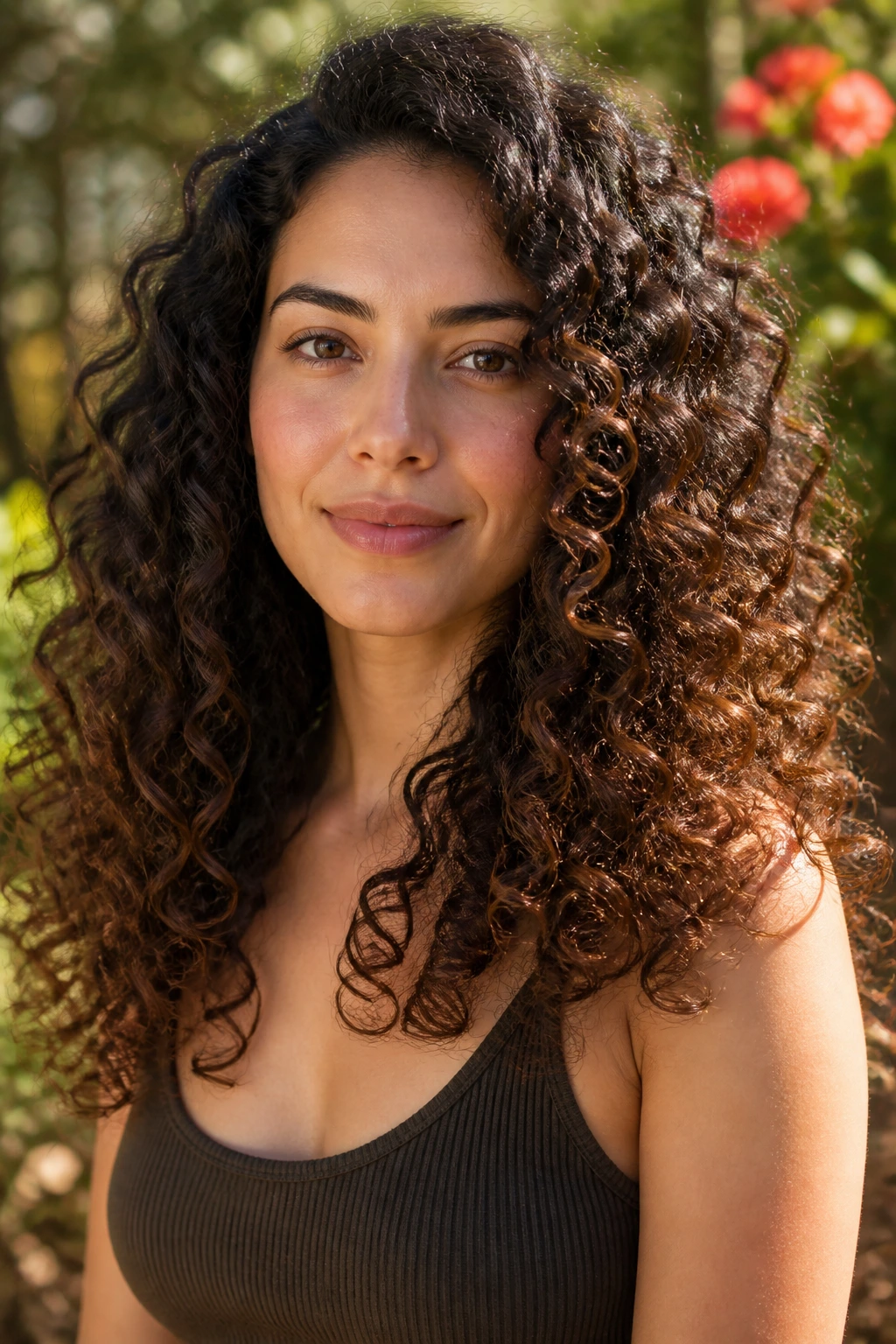 Close-up of auburn-brown curl ribbons on outer bends of dark curls in a sunlit garden