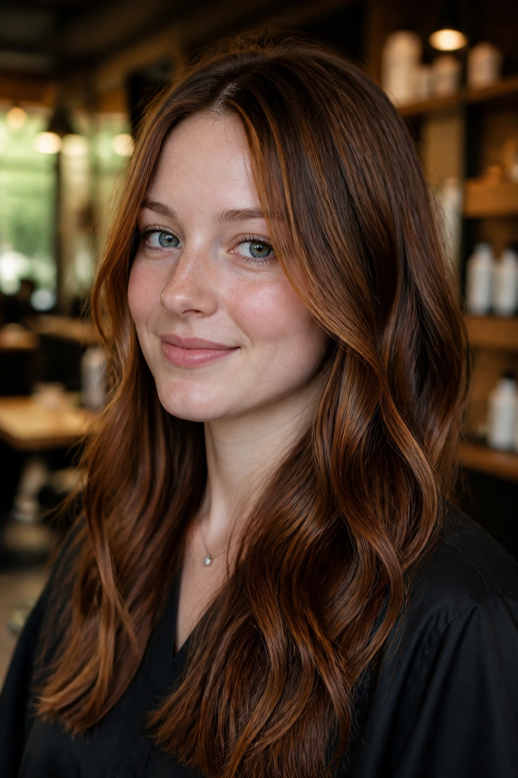Close-up portrait of a real woman with auburn-brown undertone highlights in warm salon lighting