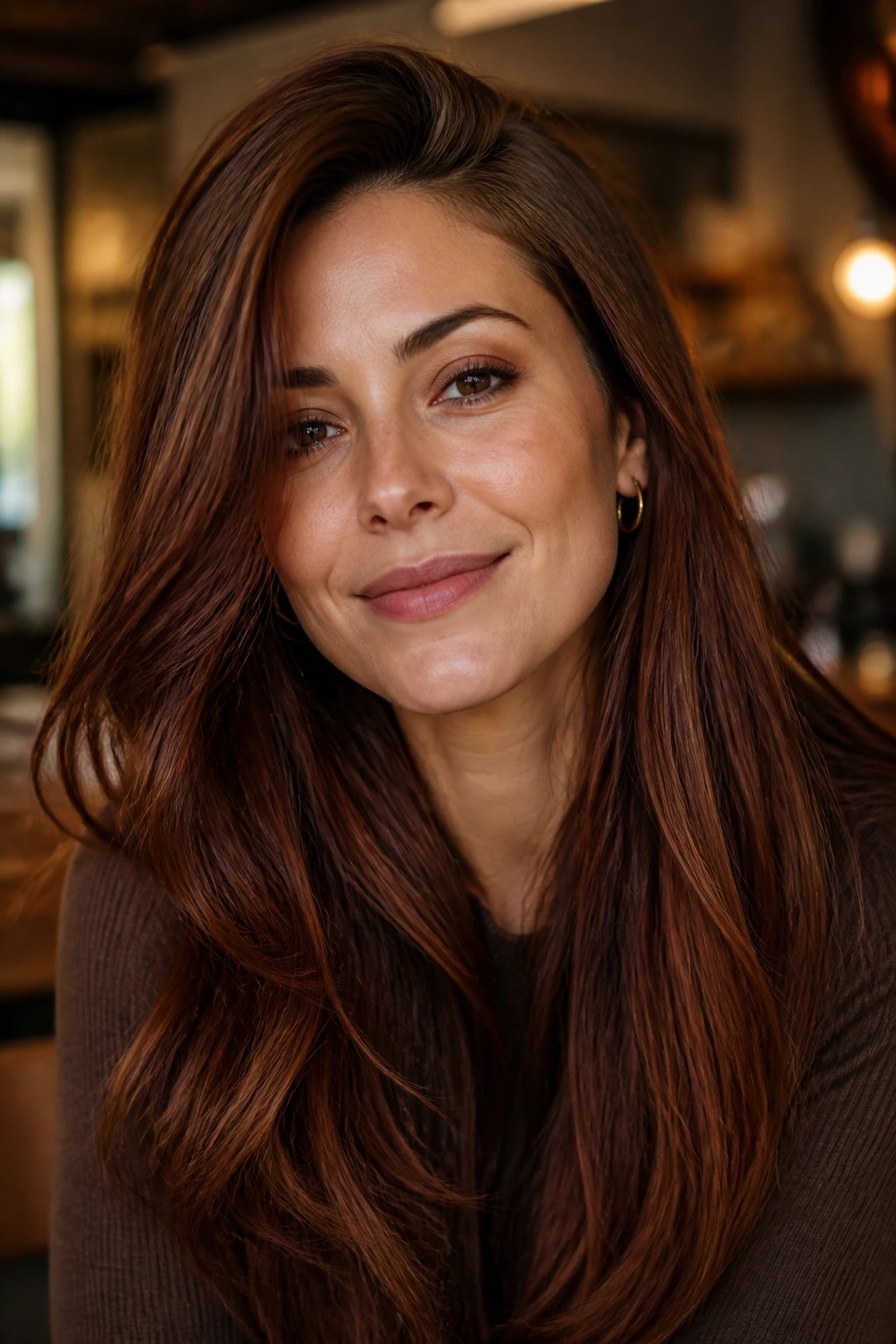 Close-up portrait of a woman with auburn brown hair in warm cafe-style lighting
