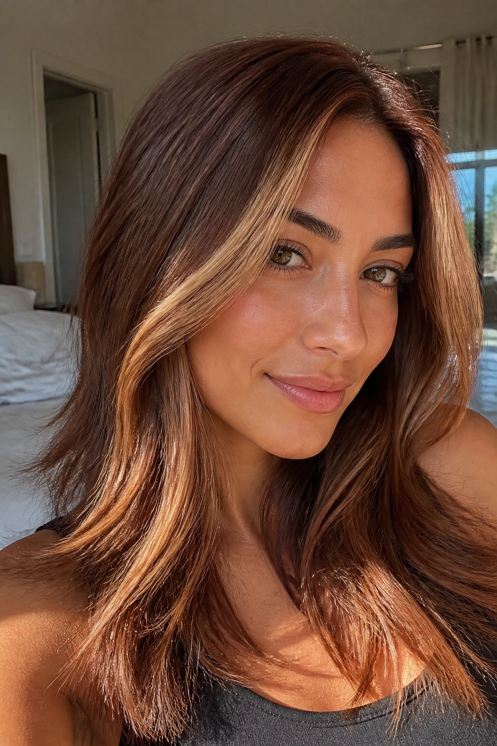 Close-up of a real woman's hair showing soft auburn brown base with honey blonde highlights around the face