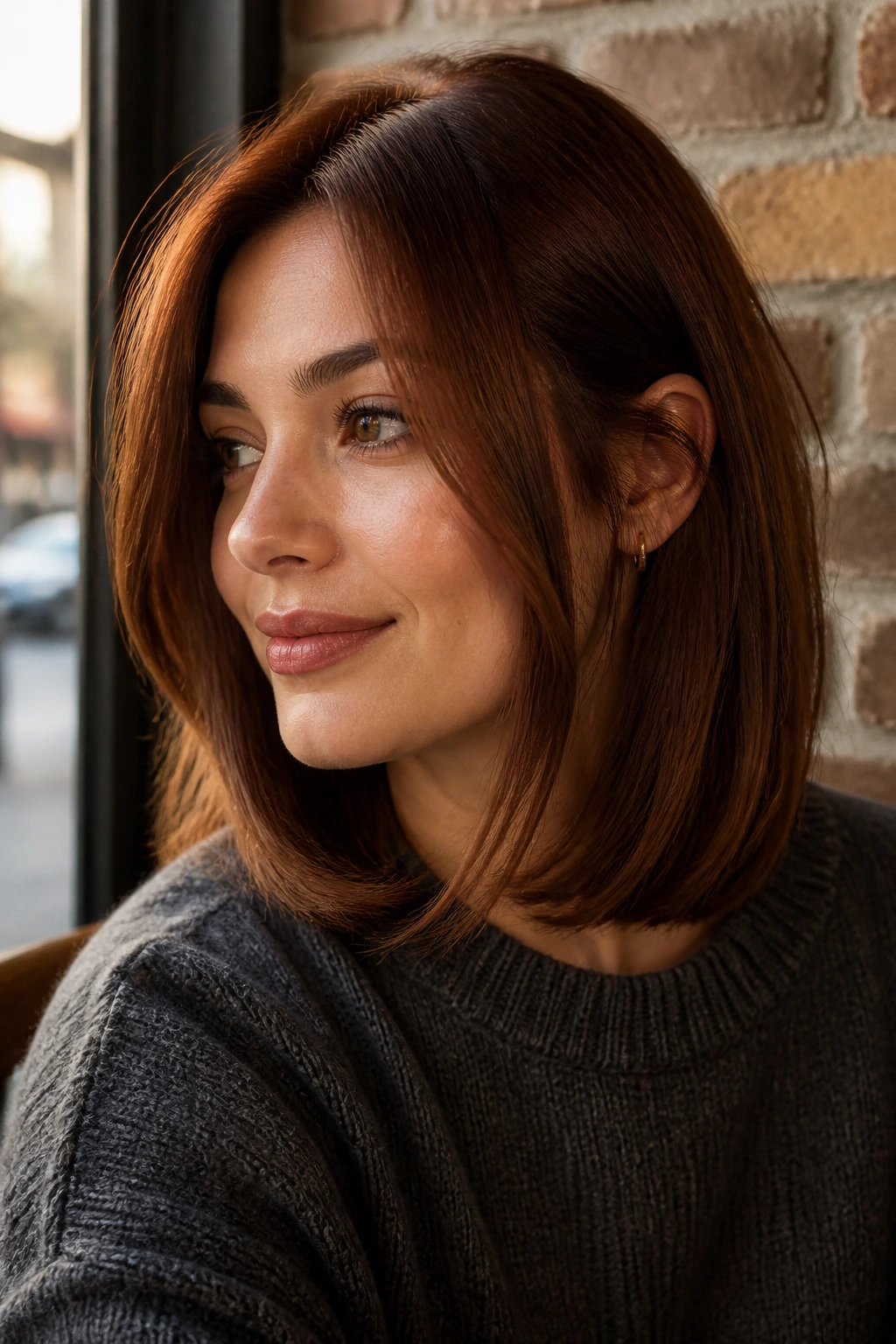 Close-up of auburn-brown lob with face-framing layers on a real person