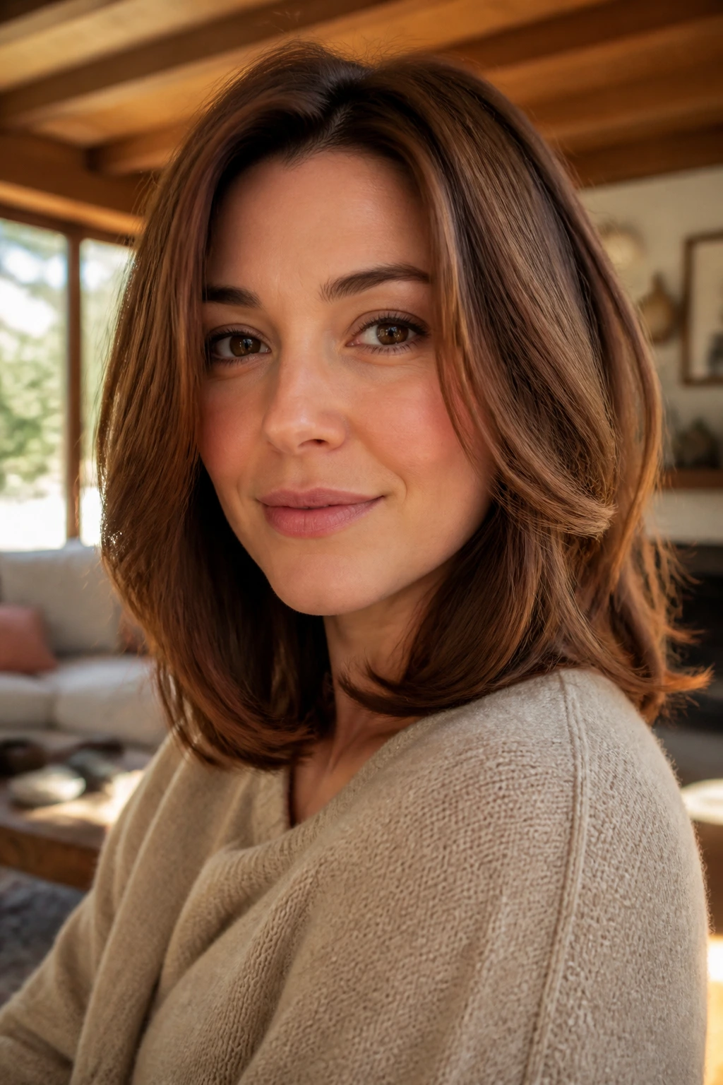 Close-up portrait of a woman with auburn brown lob and curved ends.