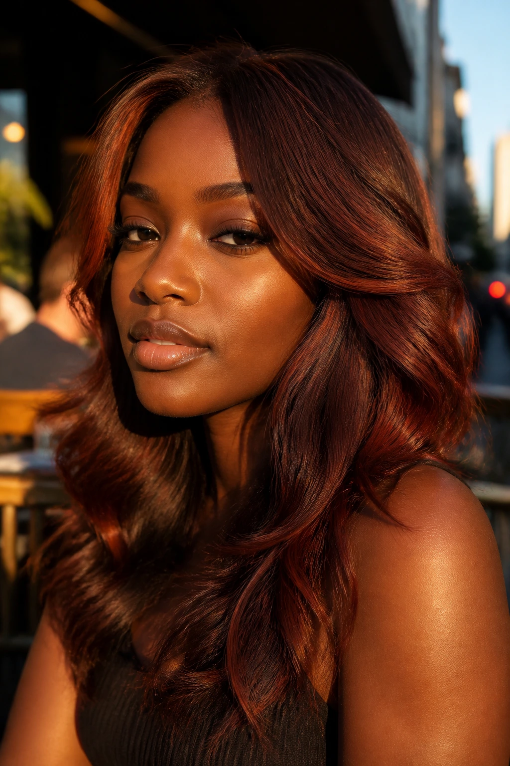 Close-up of a real woman with auburn brown hair and a red edge in golden-hour light