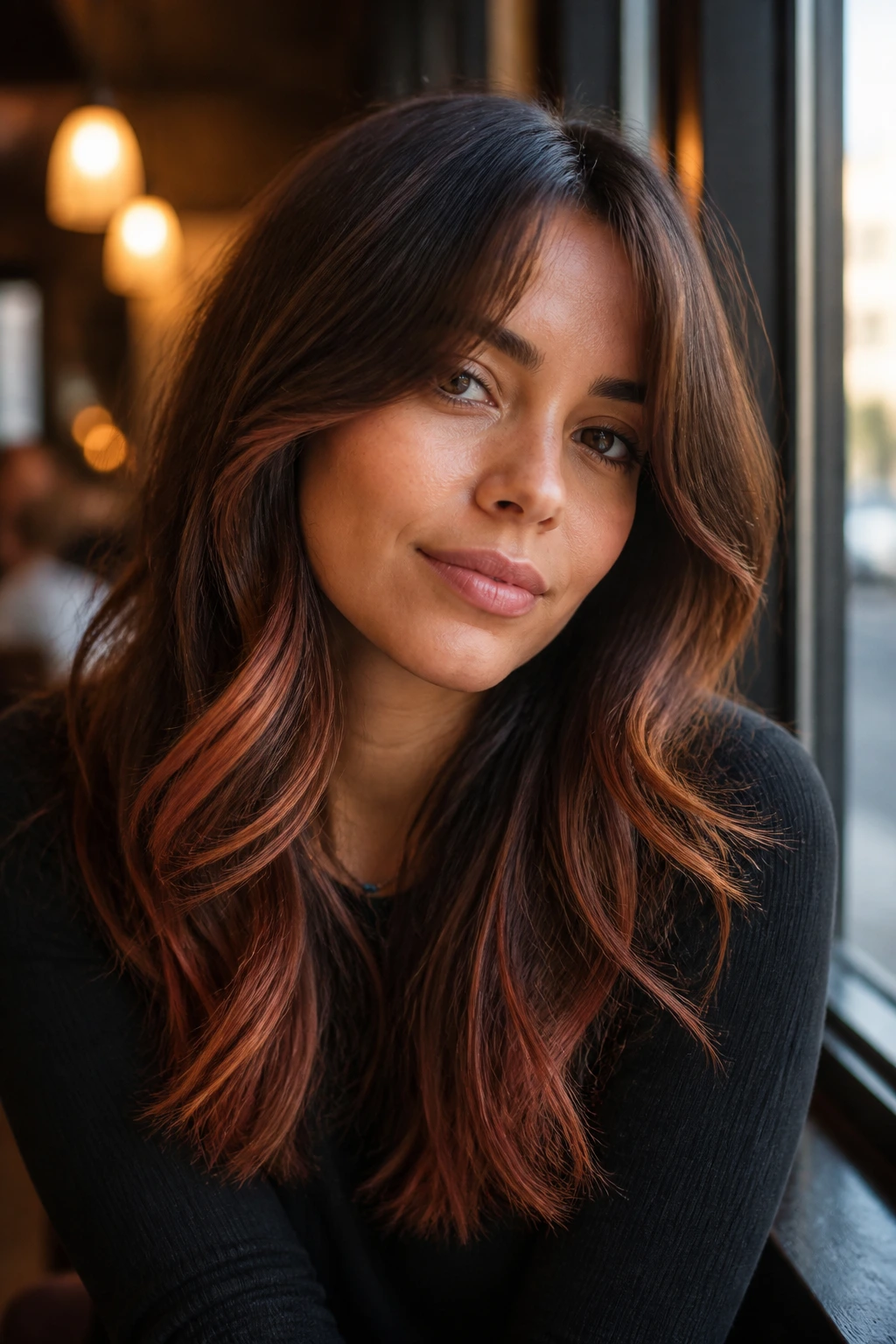 Close-up of auburn-tipped brunette with soft curtain bangs.