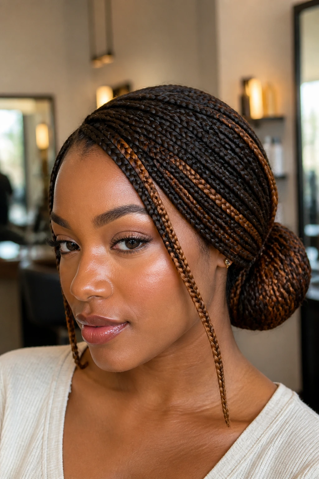 Close-up of a real woman with side-swept auburn money pieces integrated into a low bun