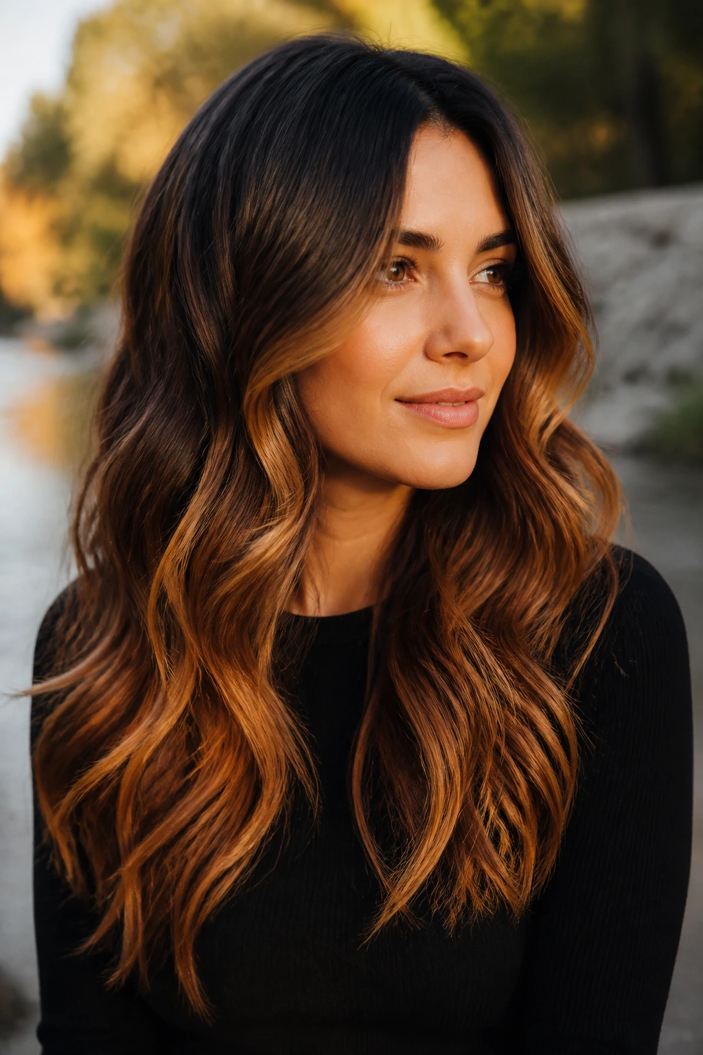 Brunette with auburn caramel balayage and soft waves
