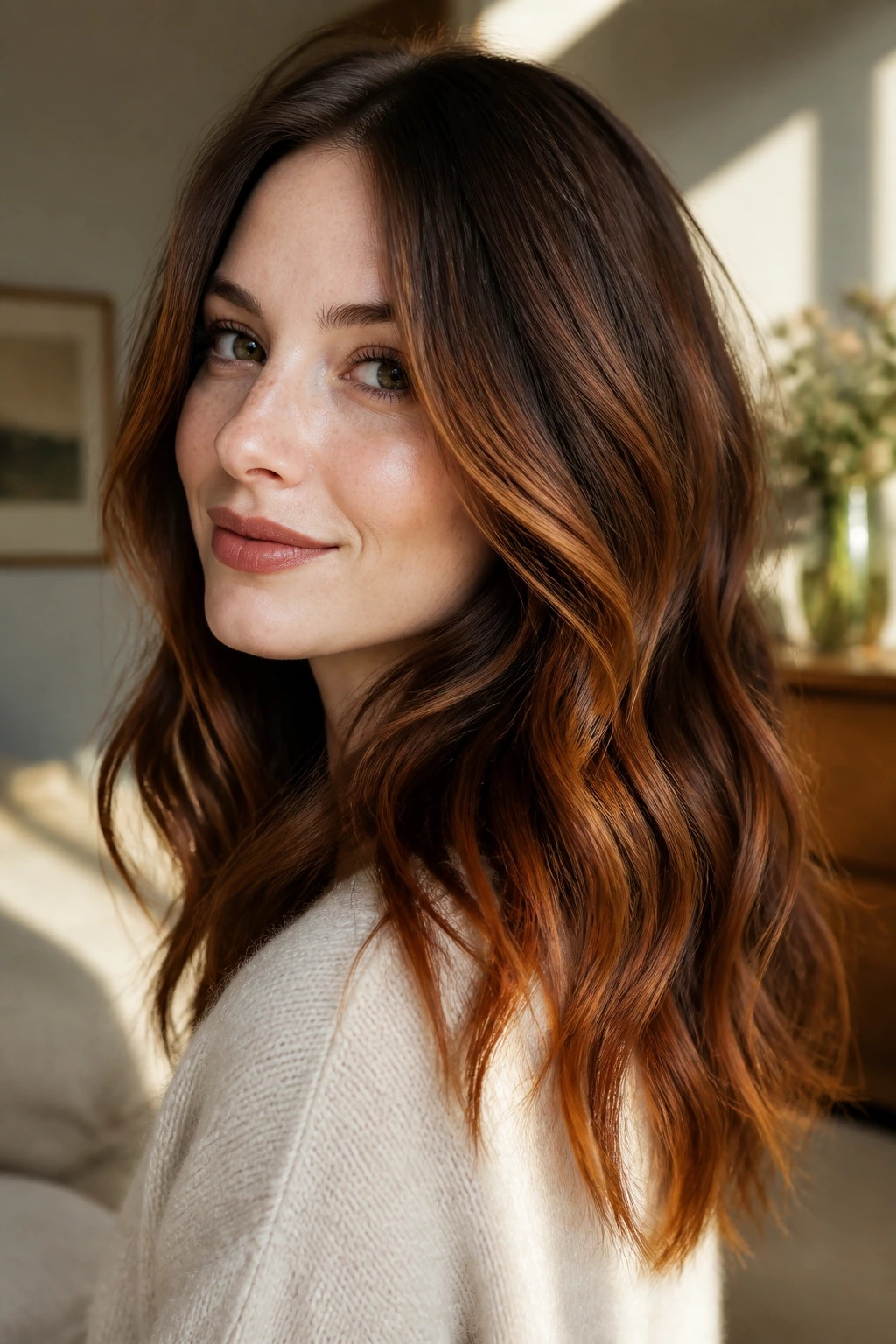 Real person with auburn caramel balayage blended into brunette on warm fair skin