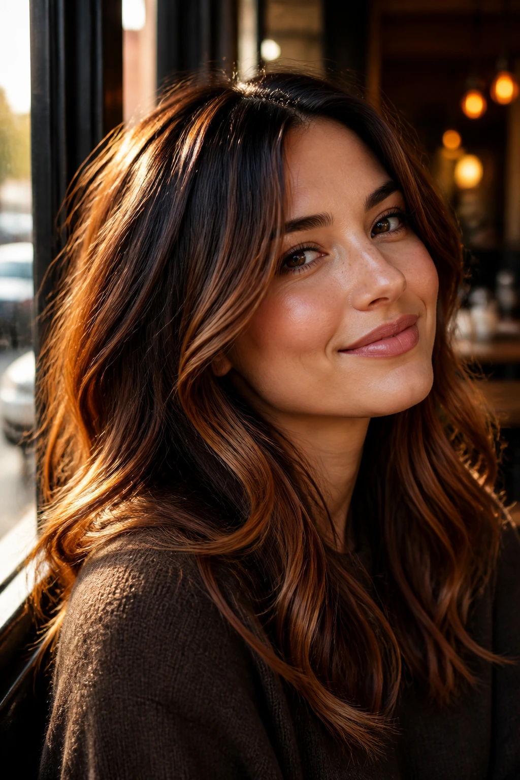 Brunette with glossy auburn caramel balance catching warm light