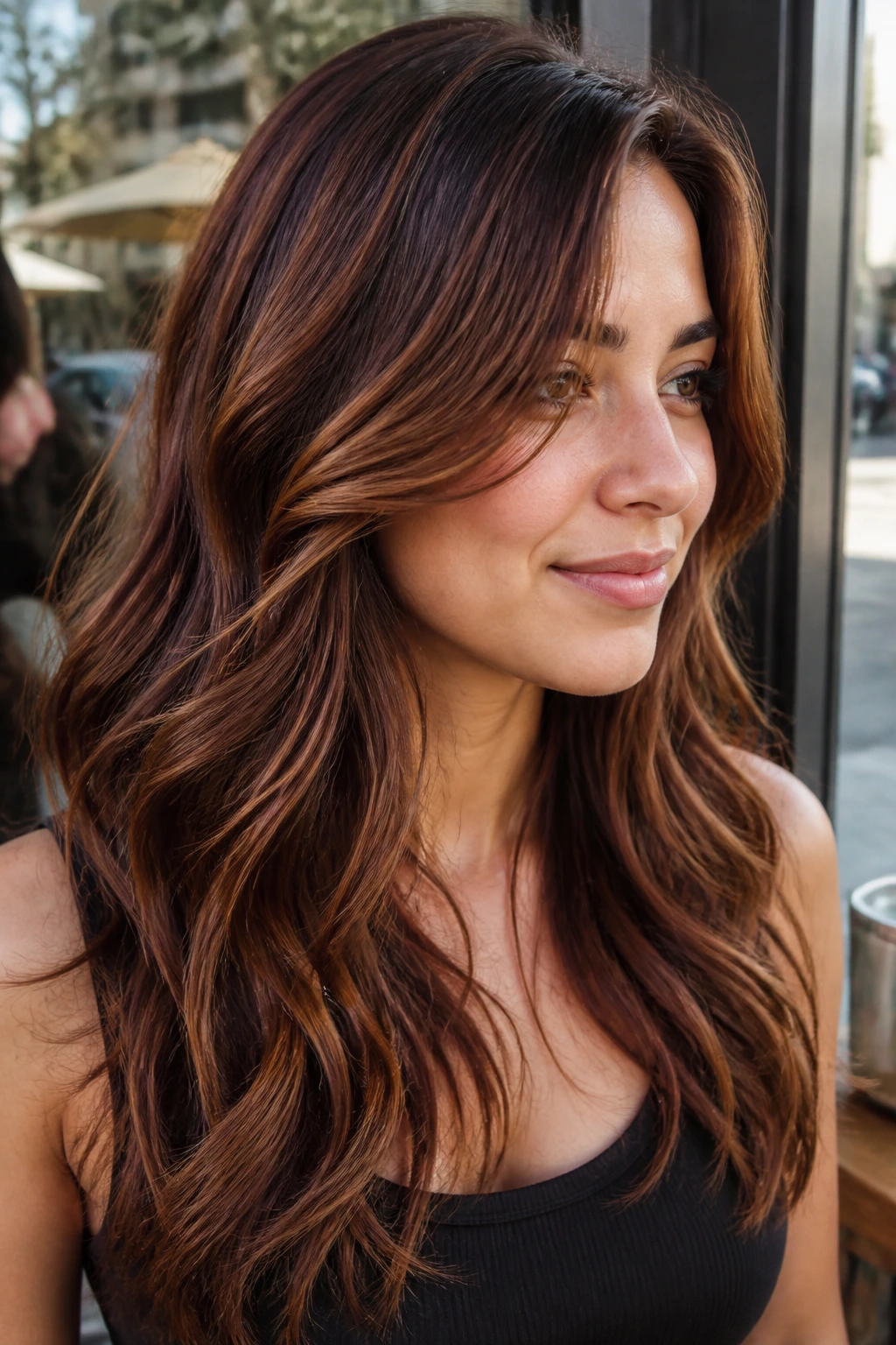 Close-up of real woman with auburn caramel blend in natural daylight