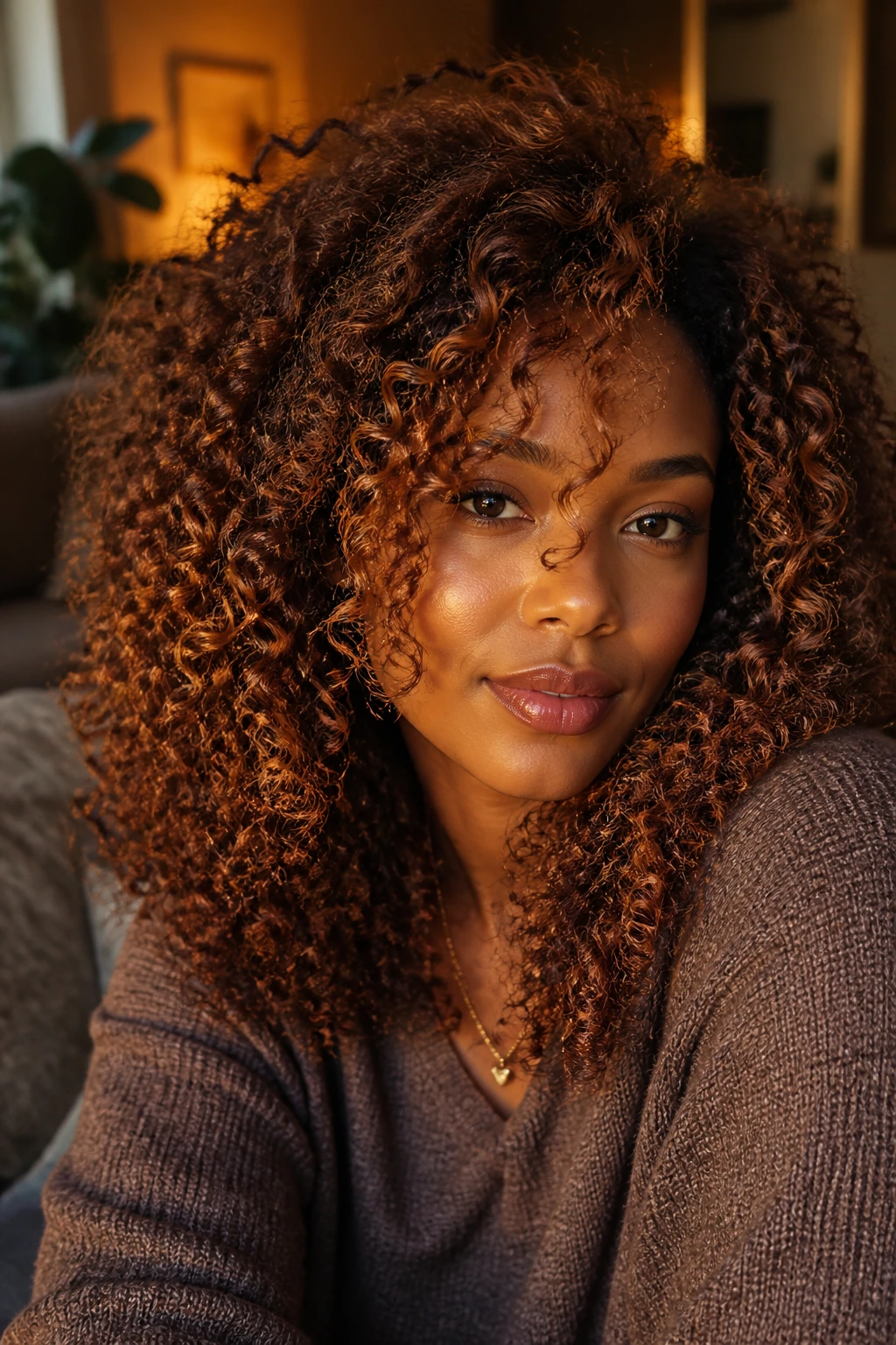 Close-up of deep-skinned woman with soft auburn caramel highlights on curls