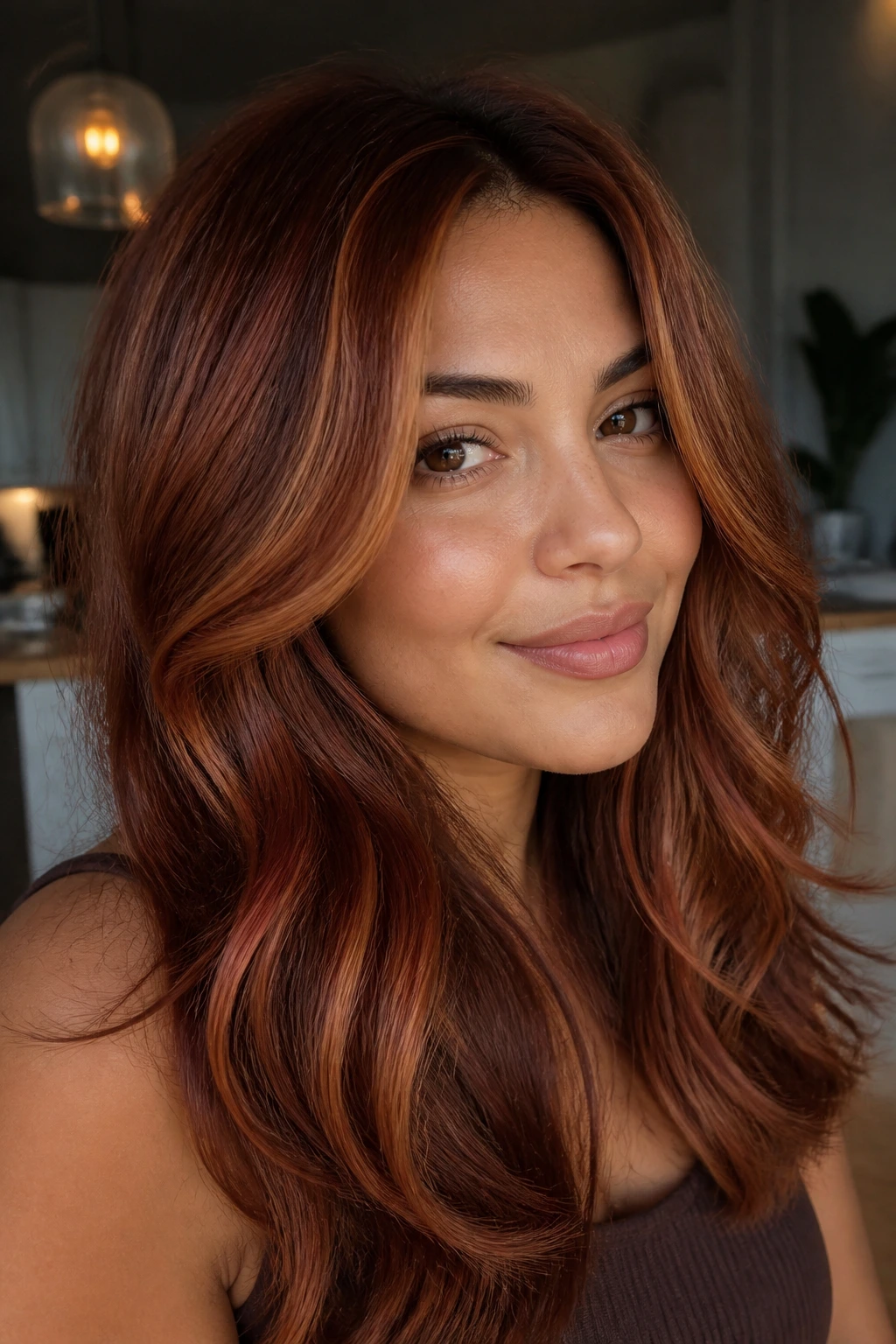Close-up portrait of a real woman with auburn caramel blend and soft red kick on olive skin