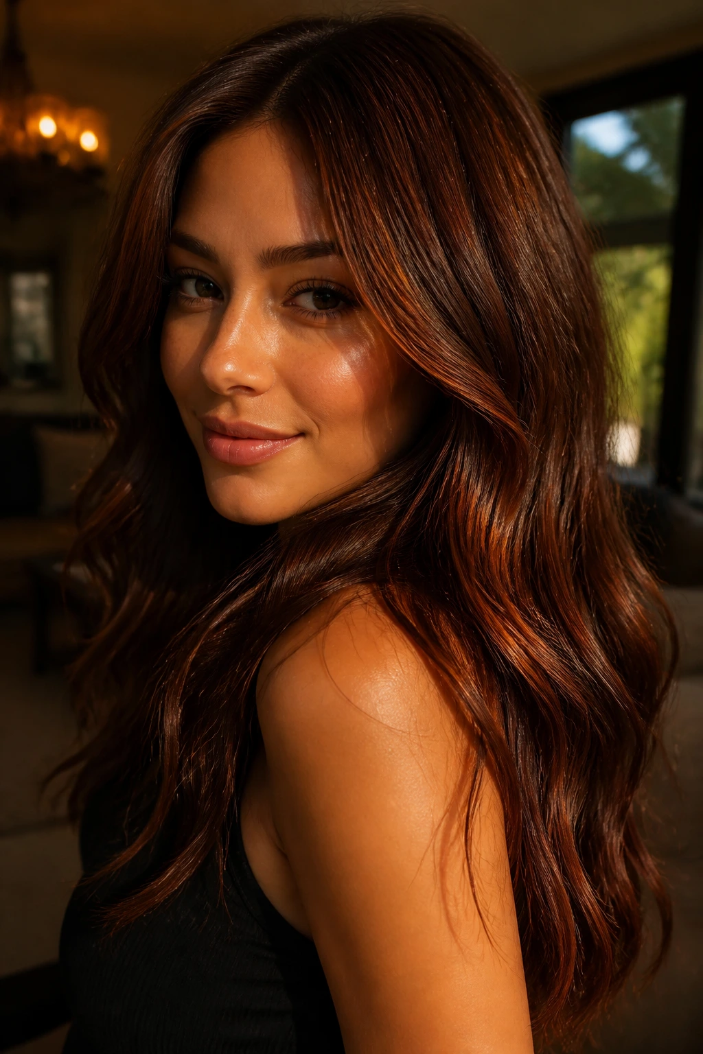 Portrait of deep auburn caramel brown hair catching sunlight.