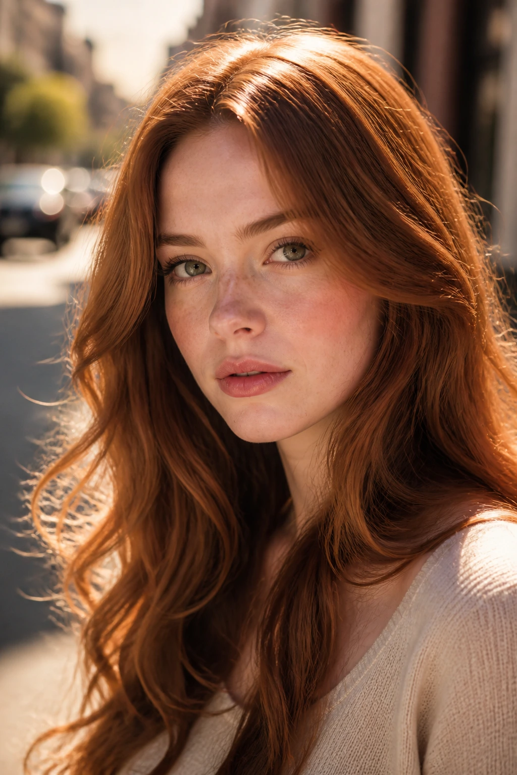 Close-up of a real woman with auburn-caramel hair showing sunlight shifts