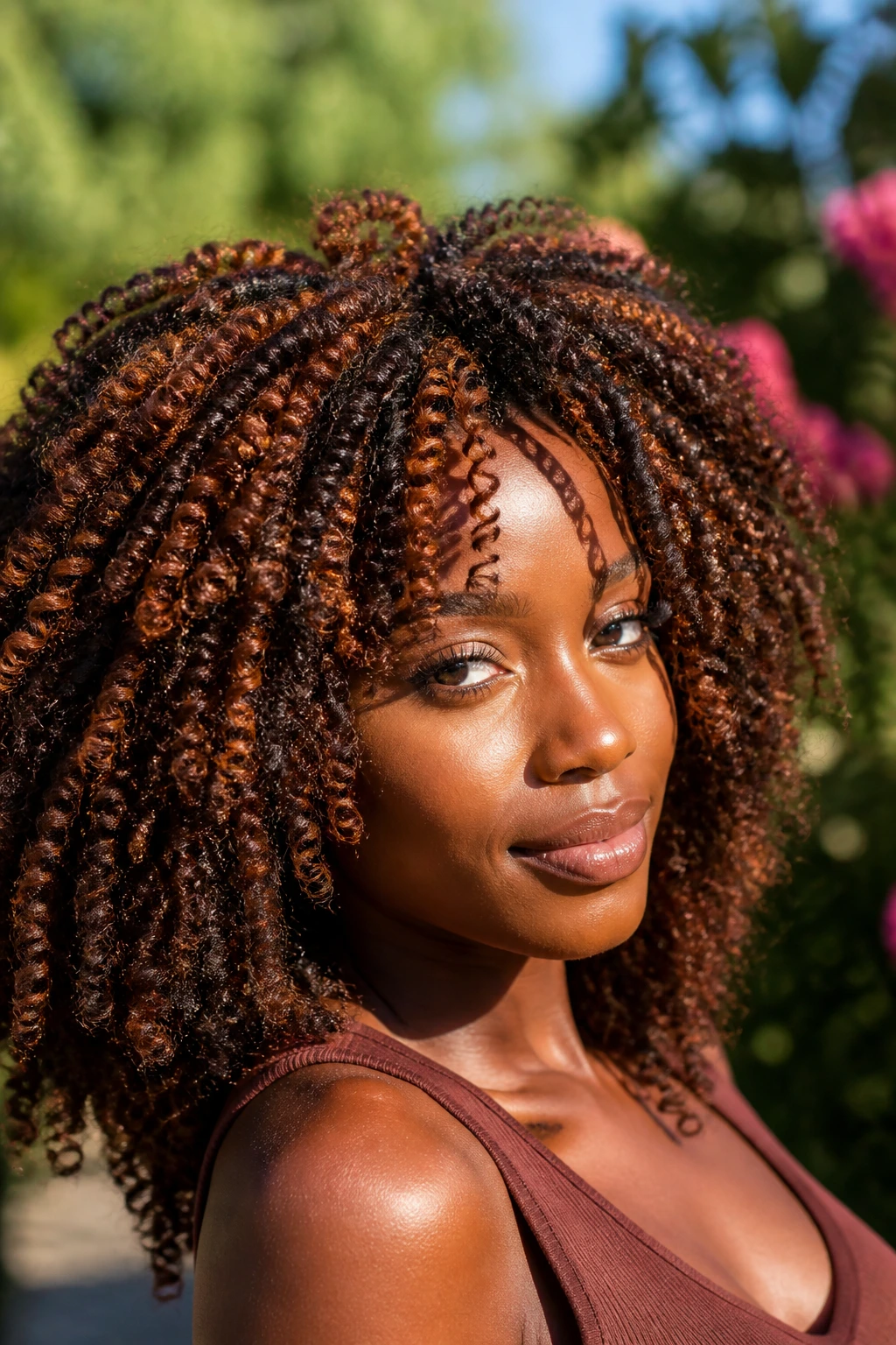 Coily hair with auburn caramel glow close-up