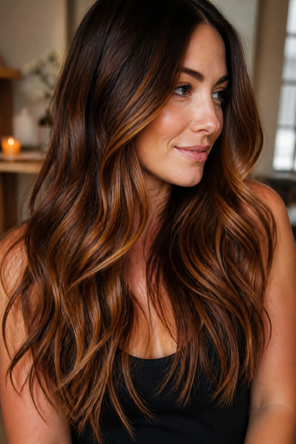 Close-up of a real woman with auburn and cinnamon ribbons woven through long hair