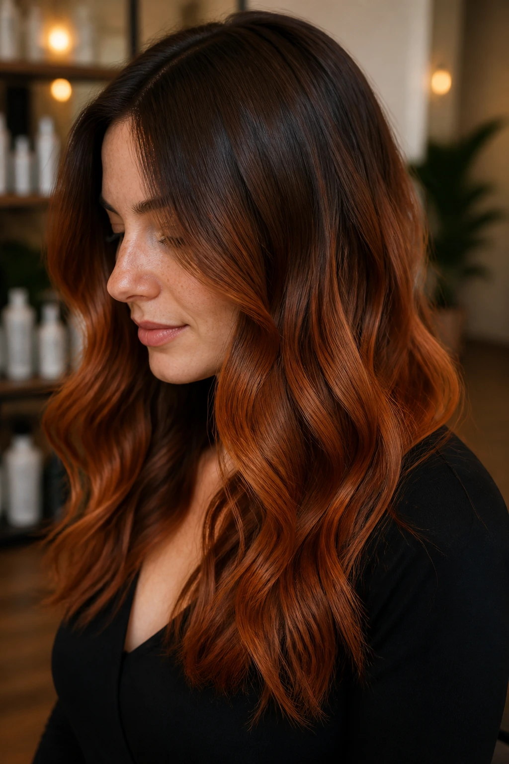 Real woman with auburn color melt blending chocolate roots to auburn ends