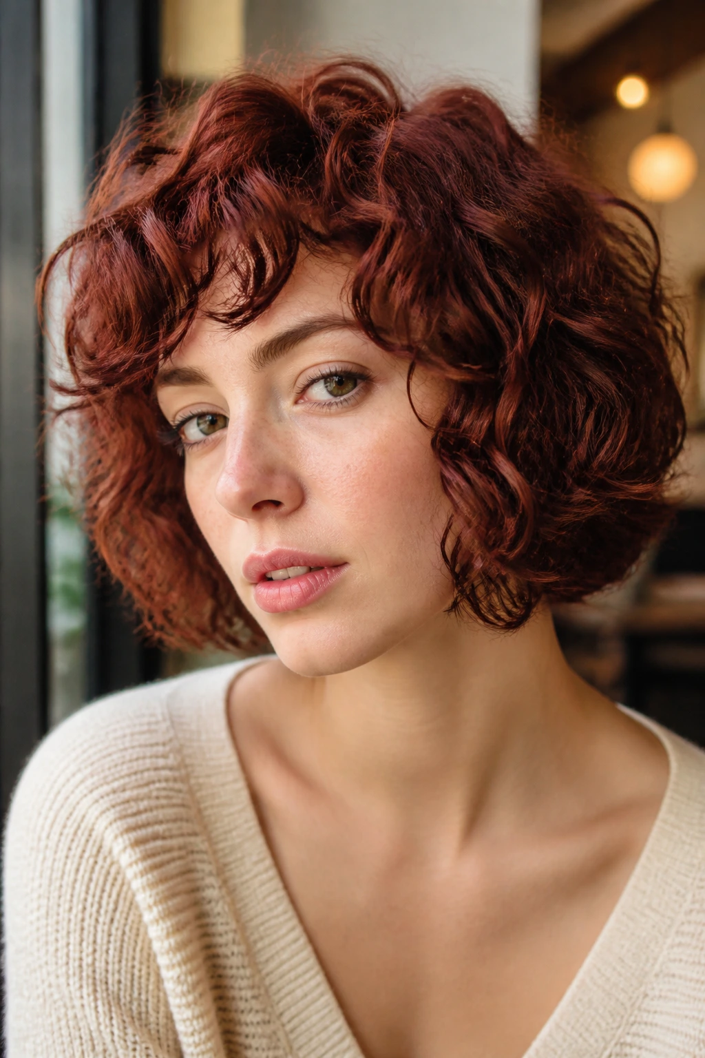Close-up of auburn curly bob framing the face