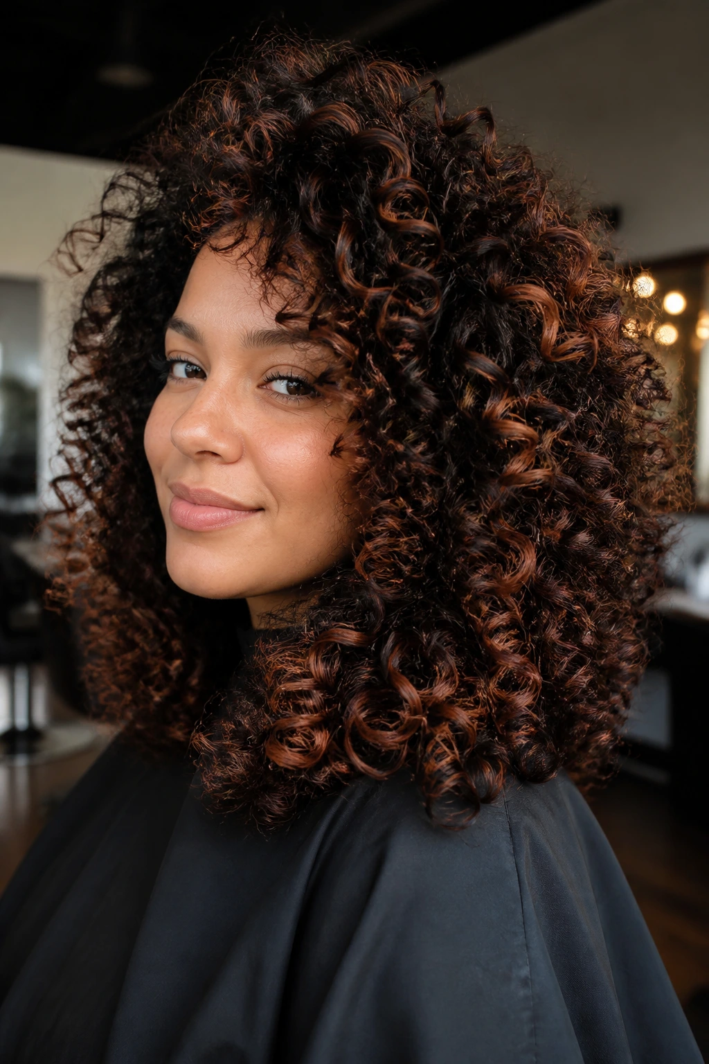 Close-up of real person with curly thick hair showing auburn highlights following curls