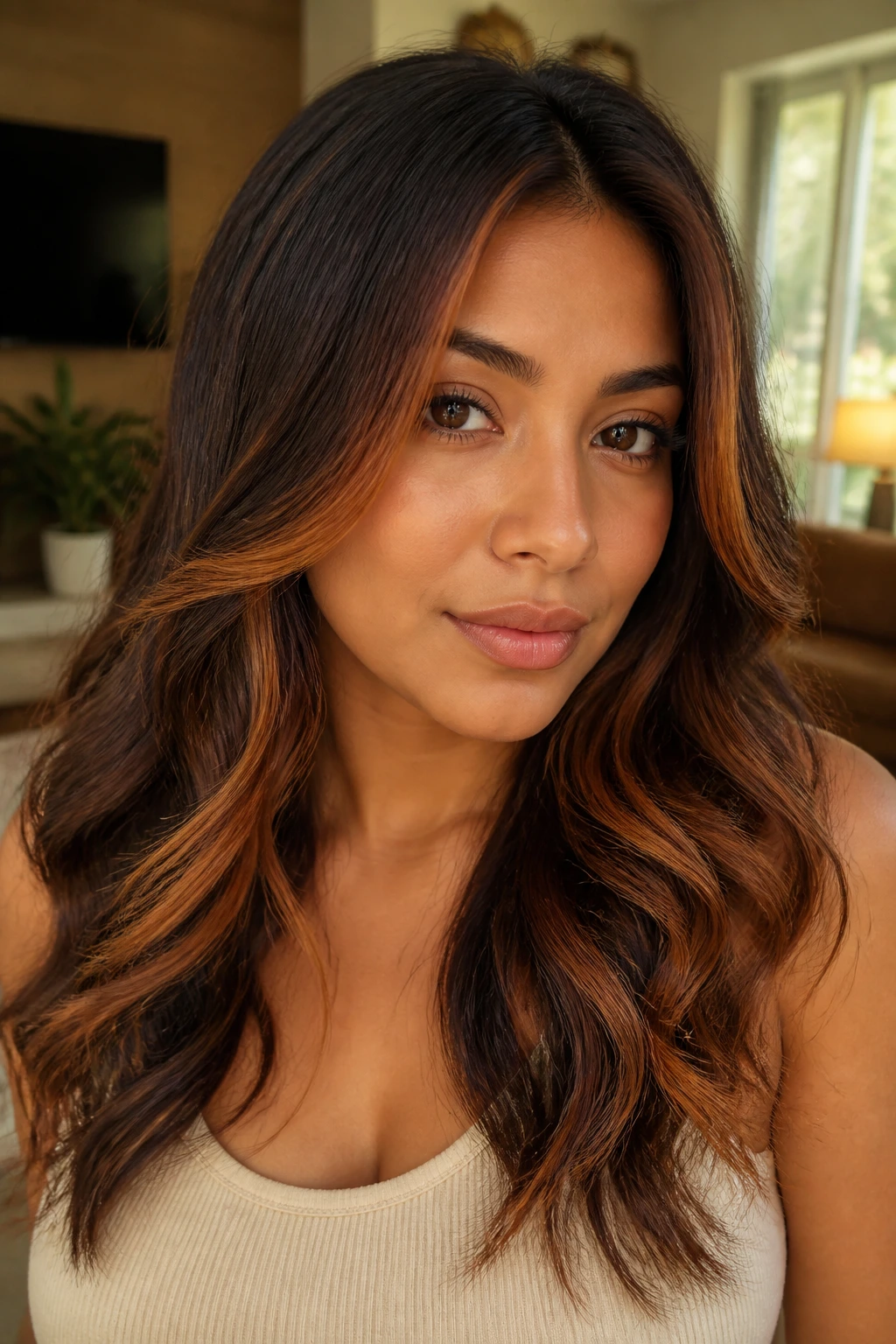 Real woman with auburn edge lights framing the face