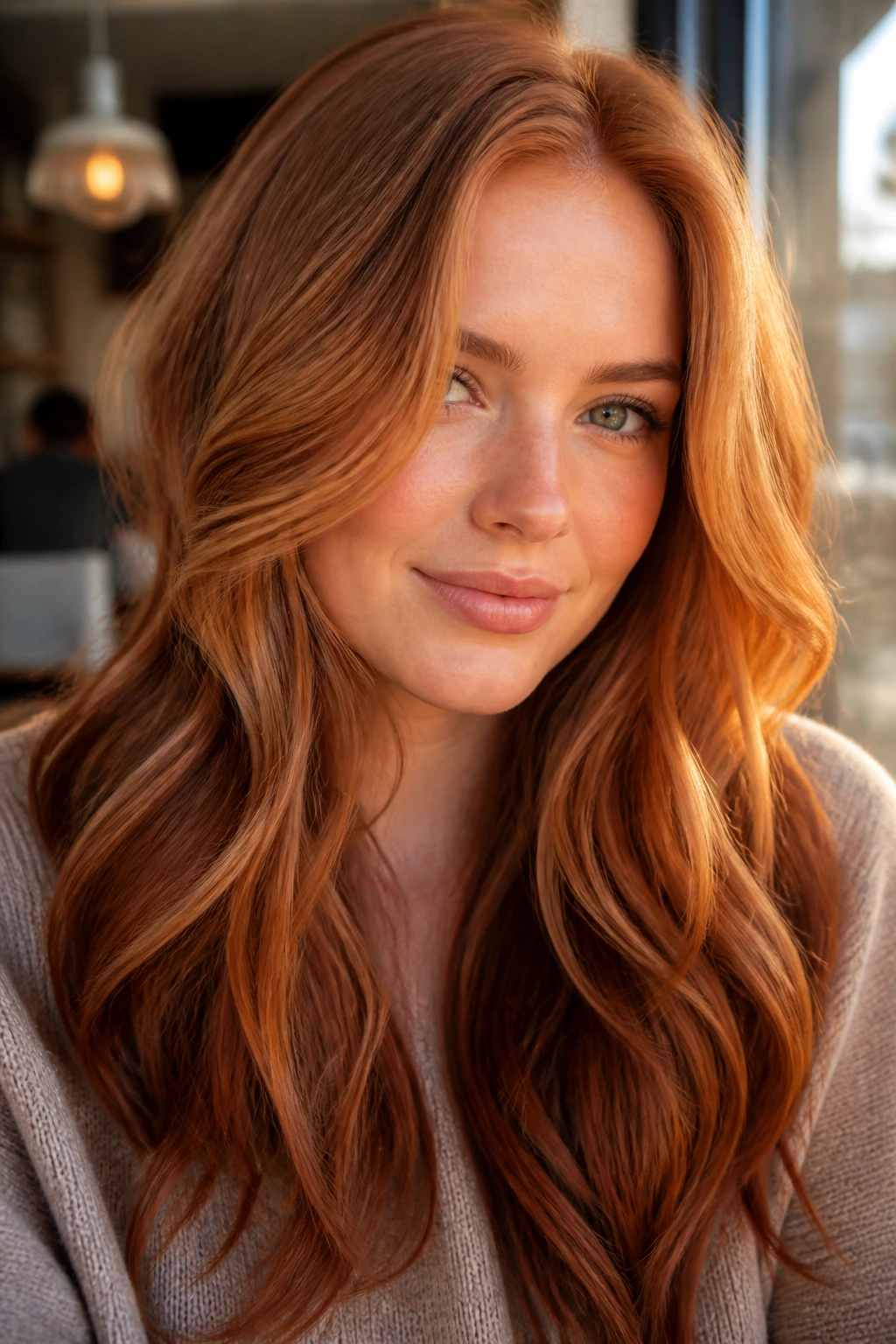 Portrait of a woman with auburn-edged strawberry blonde hair showing darker ends