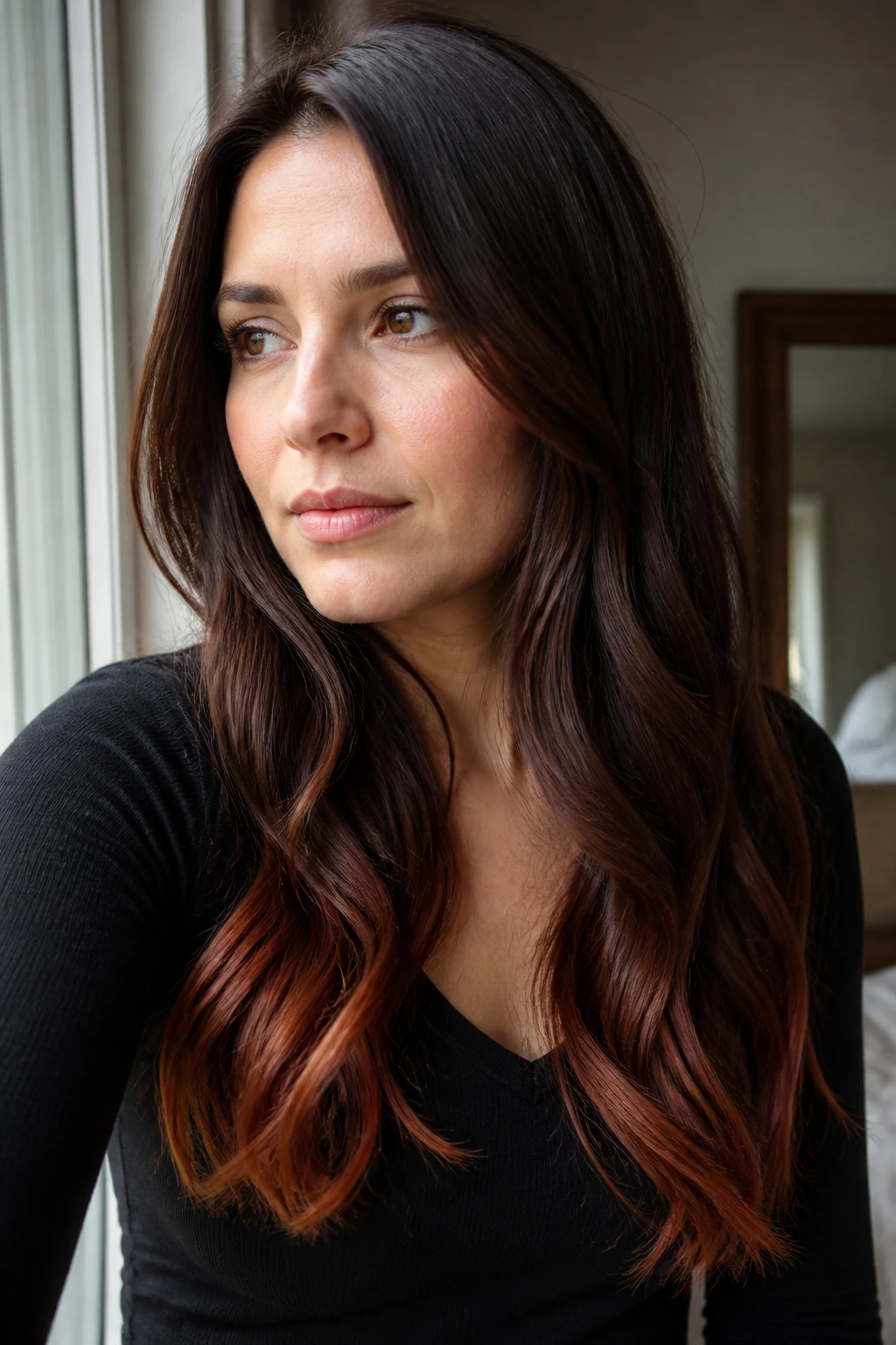 Close-up of auburn-tipped brunette ends on long hair