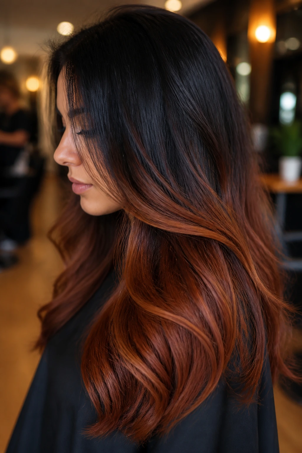 Side-profile of thick hair with auburn ends and soft root melt on a real person