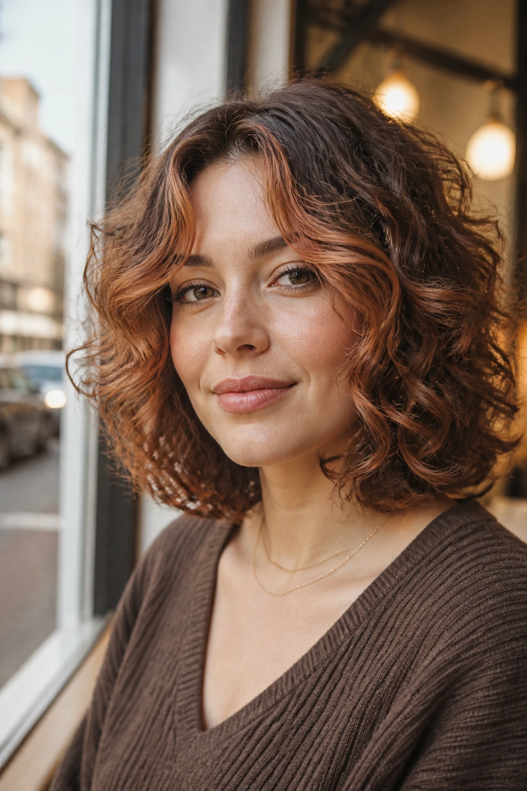Close-up portrait of a real woman with rounded mid-length cut and auburn face frame