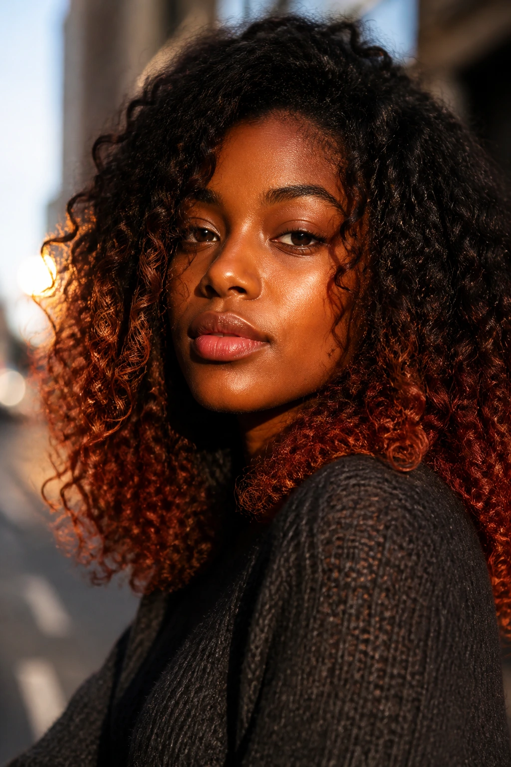 Close-up of a deep-skinned model with auburn flame ends catching sunlight on curls