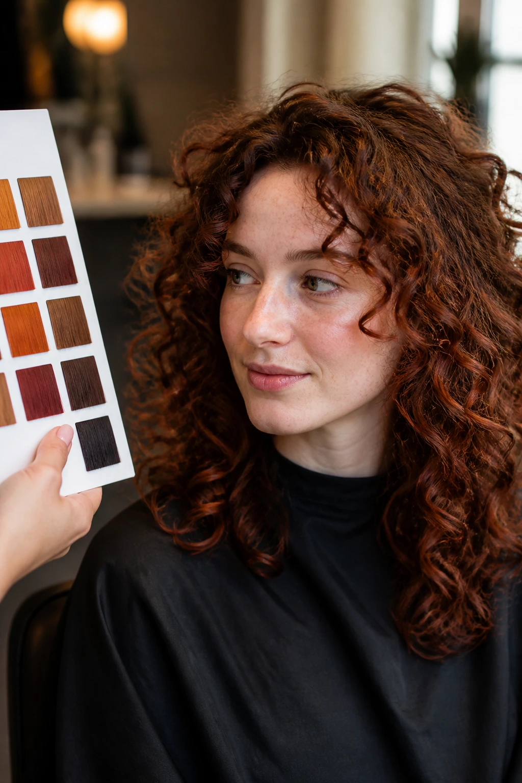 Portrait of a person in a salon during a color consultation with swatches in the background.